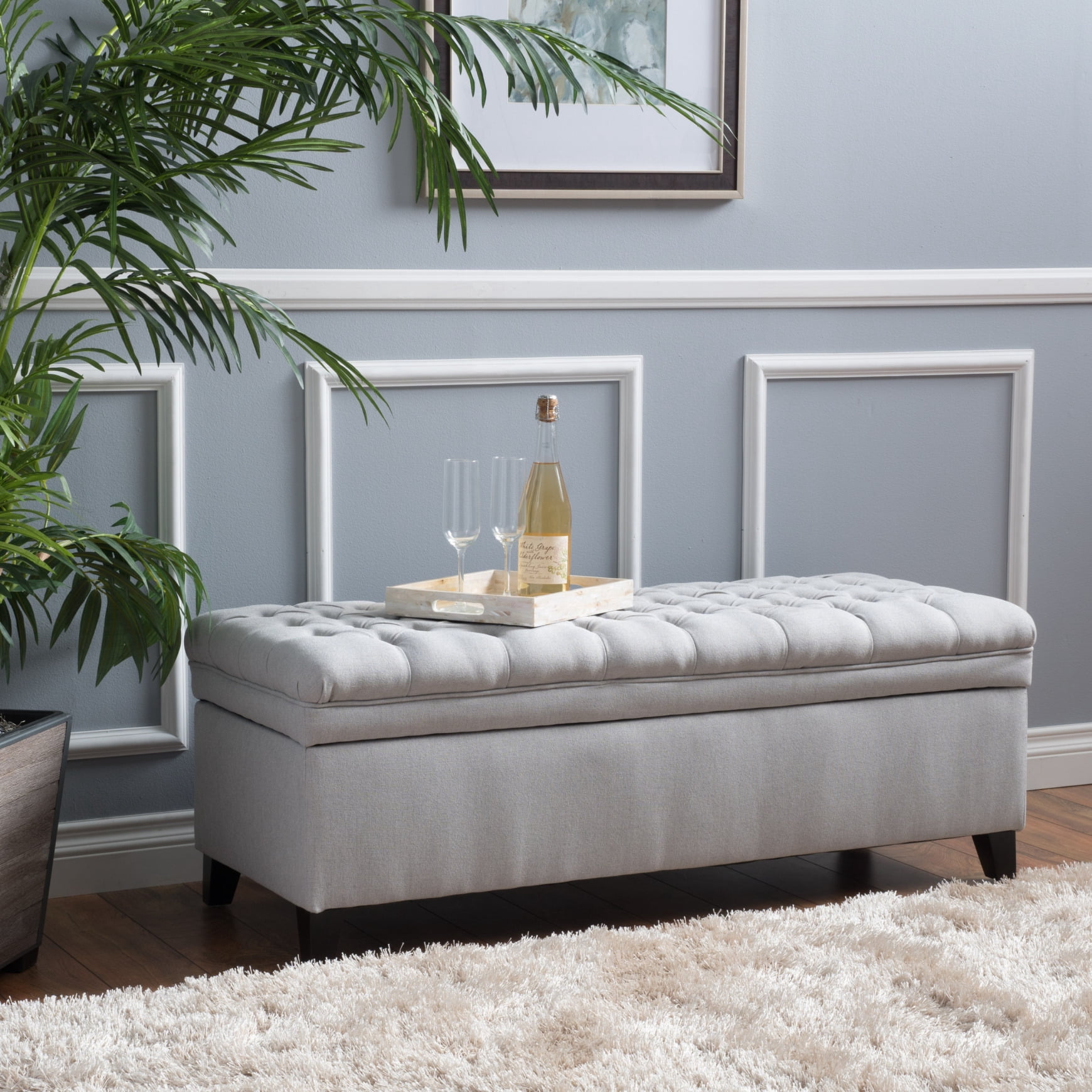 50" Storage Ottoman, Storage Ottoman Bench with Wooden Legs and Safety Hinge, Tufted Entryway Bedroom Bench, Holds up to 330 lb, for Living Room, Bedroom, Light Grey