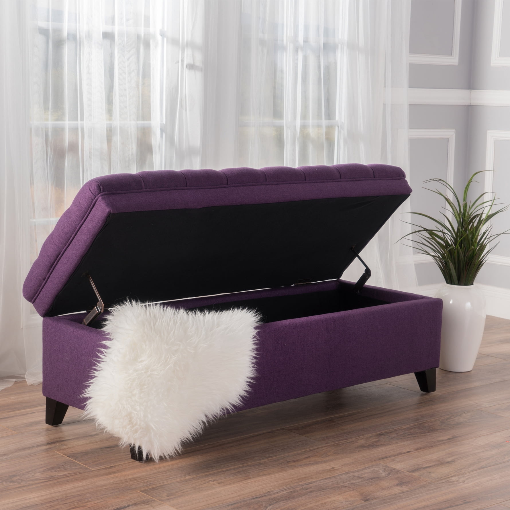 50" Storage Ottoman, Storage Ottoman Bench with Wooden Legs and Safety Hinge, Tufted Entryway Bedroom Bench, Holds up to 330 lb, for Living Room, Bedroom, Purple