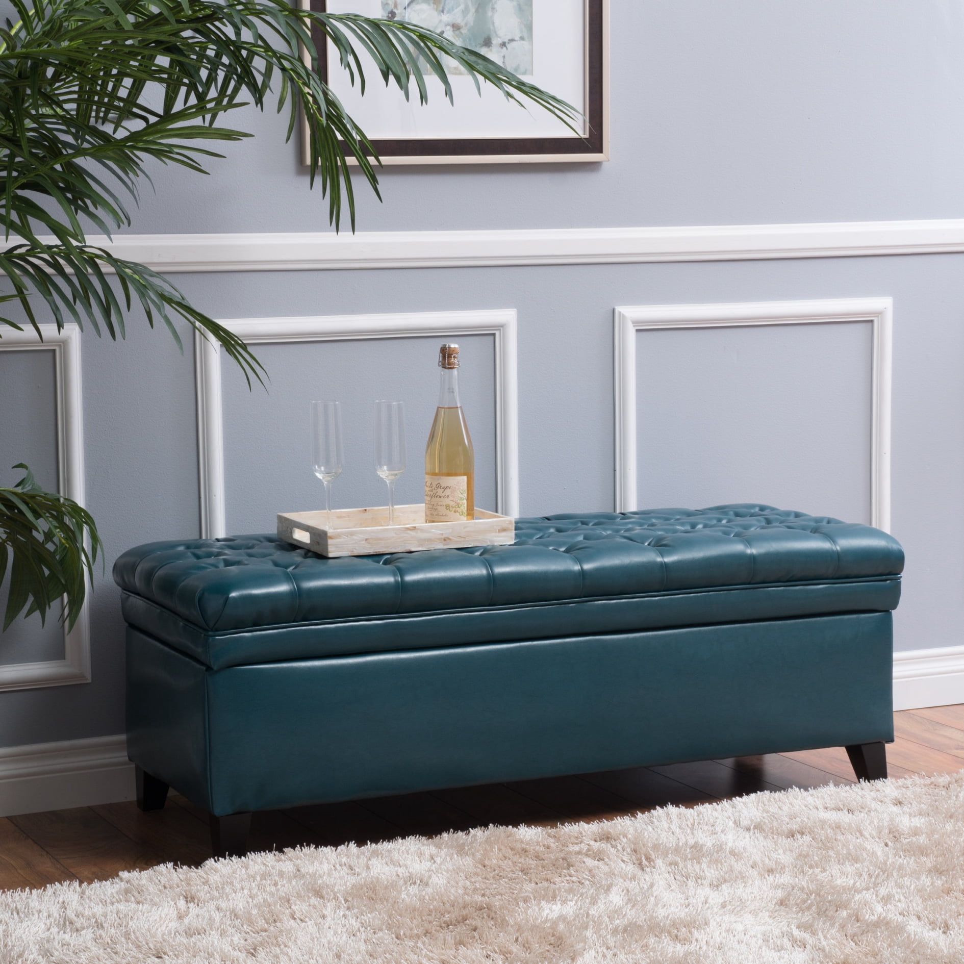 50" Storage Ottoman, Storage Ottoman Bench with Wooden Legs and Safety Hinge, Tufted Entryway Bedroom Bench, Holds up to 330 lb, for Living Room, Bedroom, Teal