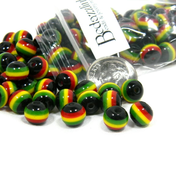 50 Striped Green, Gold Yellow, Red 8mm Round Jamaica Rastafarian Flag Round Resin Beads Reggae Style