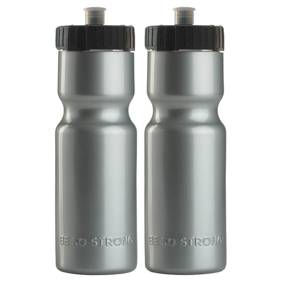 50 Strong Sports Squeeze Reusable Silver Water Bottle, 2 Pack - 22 oz. BPA Free Plastic Easy Open Push/Pull Cap - Fits in Most Bike Cages