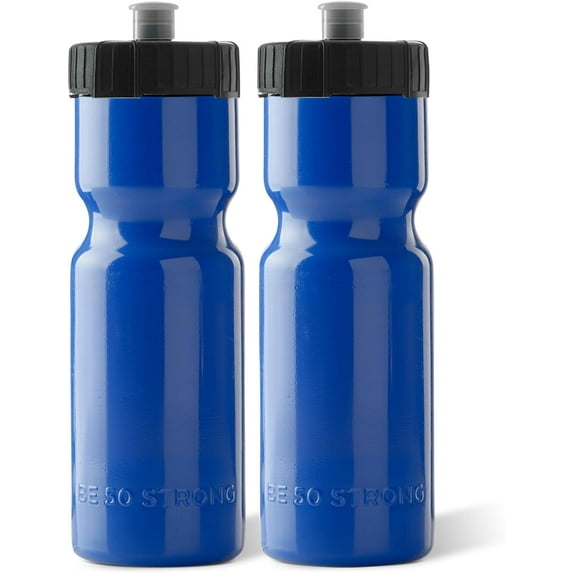 50 Strong Sports Squeeze Reusable Blue Water Bottle, 2 Pack - 22 oz. BPA Free Plastic Easy Open Push/Pull Cap - Fits in Most Bike Cages
