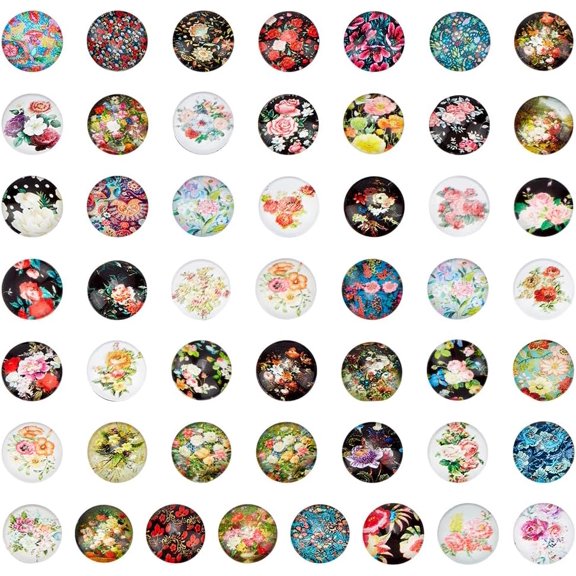 50 Styles Flower Glass Cabochons 12mm Floral Pattern Oval Glass Cabochons Flower Printed Cabochon Vintage Mosaic Tiles for DIY Photo Pendant Earring Necklace Keychain Jewelry Making