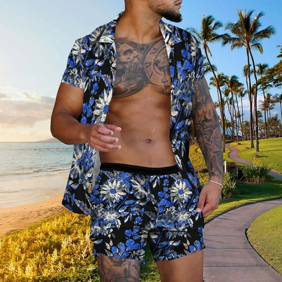 Up To 50% Off Summer Saving Clearance Axiiglly Hawaiian Shirt for Men Casual Button Short Sleeve Shirts Set Floral Printed Shorts Beach Tropical Matching Hawaiian Outfits