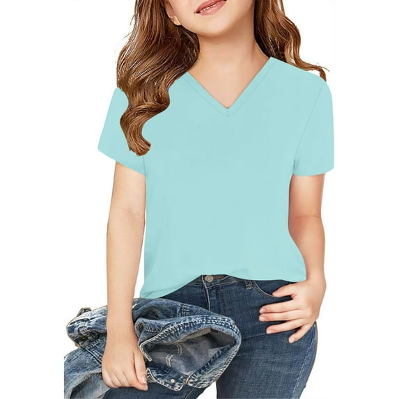 Kids Basic Tee Shirts Solid Color Casual Short Sleeve V Neck Tops Boys Girls Trendy Summer T-Shirt