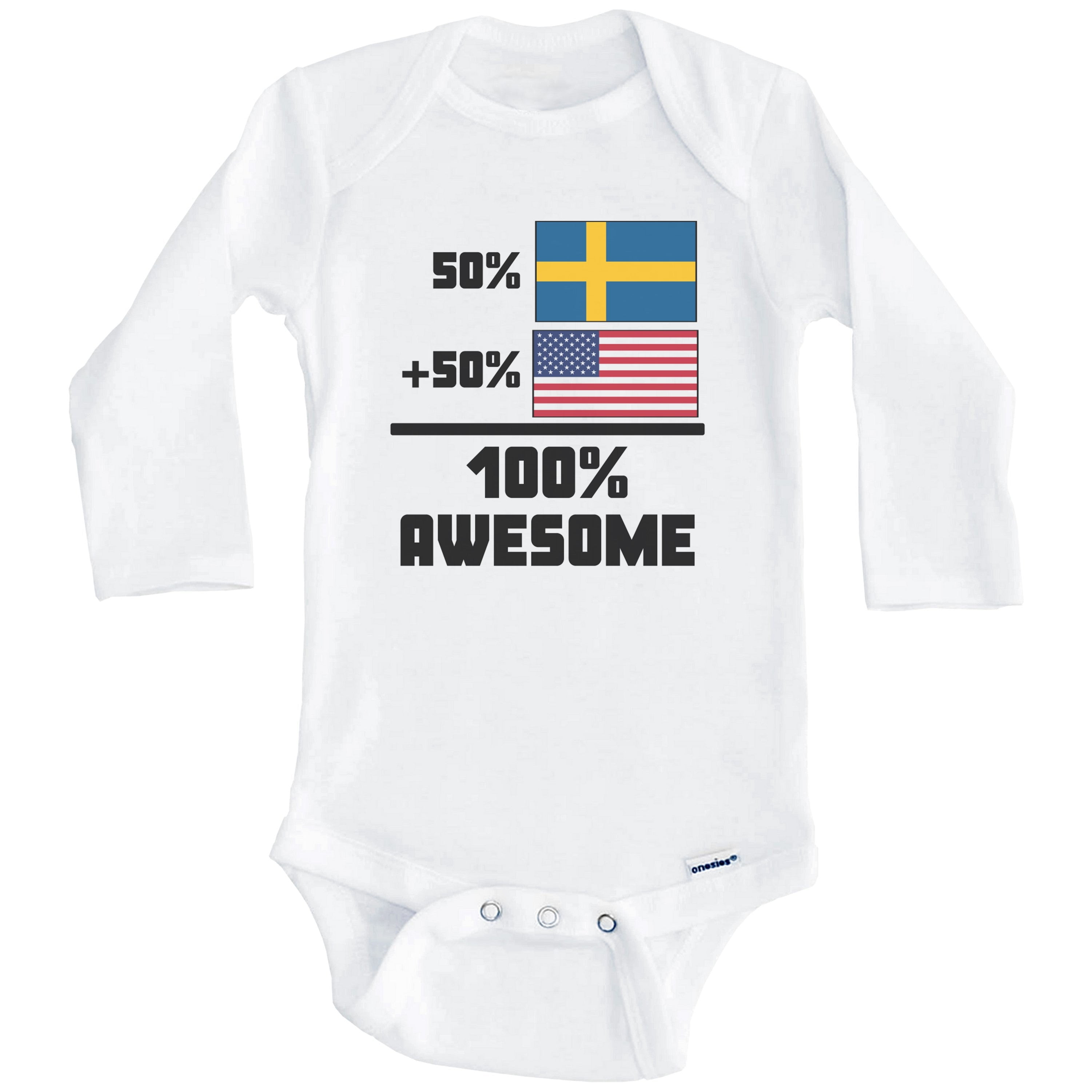 50% Swedish 50% American 100% Awesome Funny Flag One Piece Baby Bodysuit (Long Sleeve), 0-3 Months White