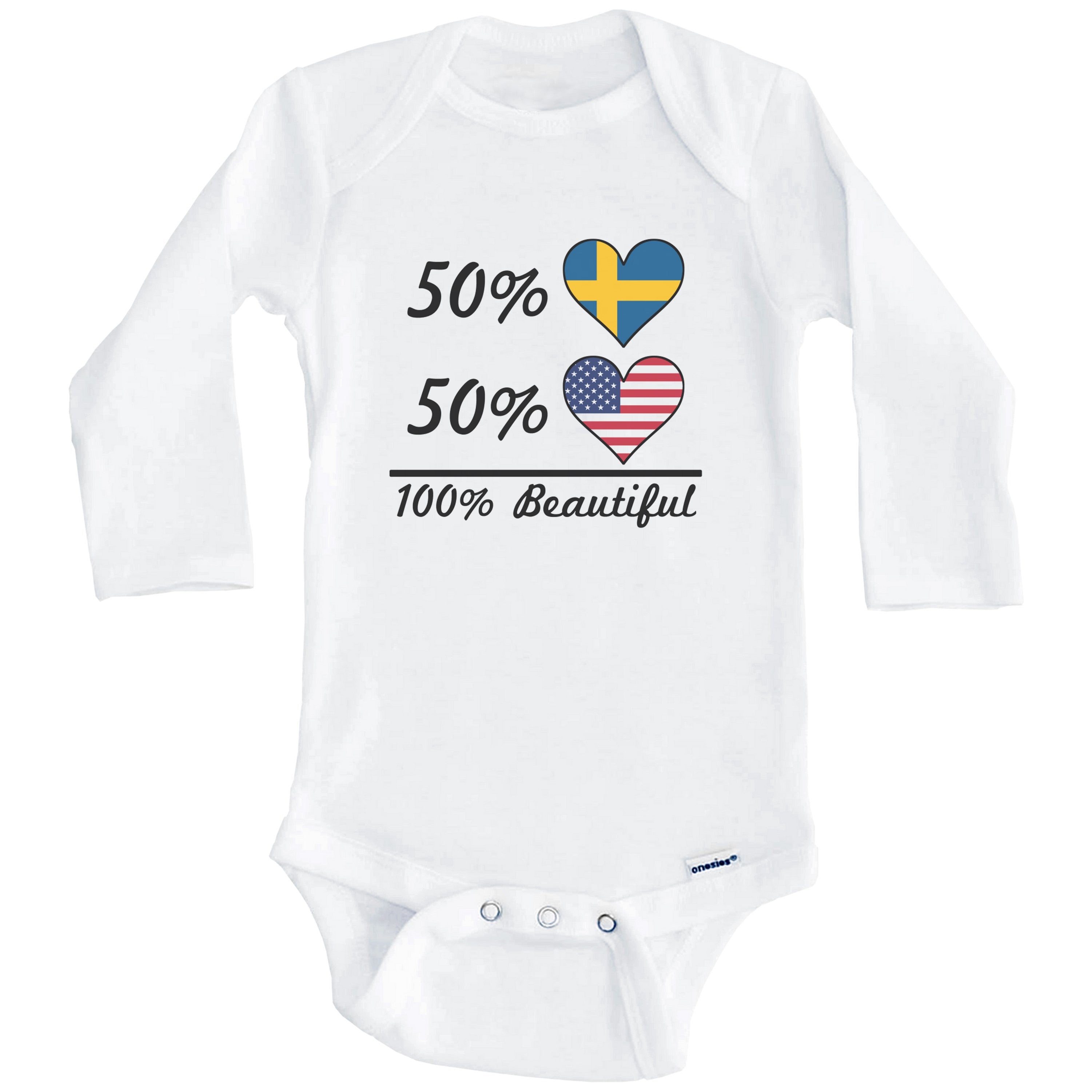 50% Swedish 50% American 100% Beautiful Sweden Flag Heart One Piece Baby Bodysuit (Long Sleeve), 0-3 Months White