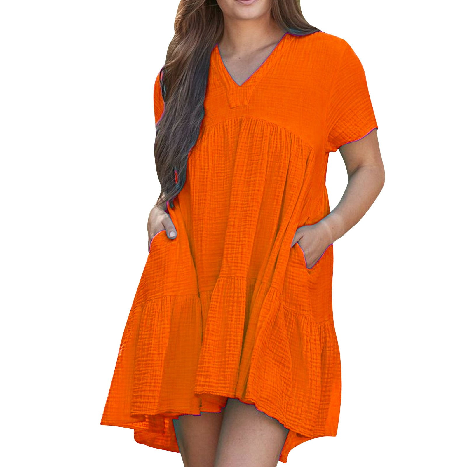 Women's Summer Casual Dress - Short Sleeve V-Neck Mini Sundress With Pockets, Graduation & Party Dress (97% Polyester, 3% Spandex) - View #6