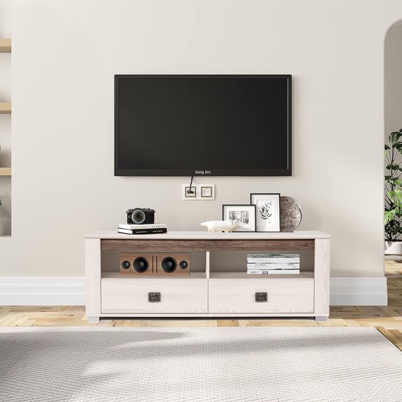 50" TV Stand Console, Modern Contemporary Design with Graphical Handles and Dark Insertion, Perfect for Living Room or Bedroom. Two Drawers and Two Compartments.