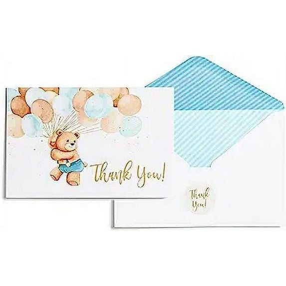 50 Teddy Bear Boy Thank You Cards for Baby Shower Birthday with Designed Envelope and Matching Seals Bearly Can Wait