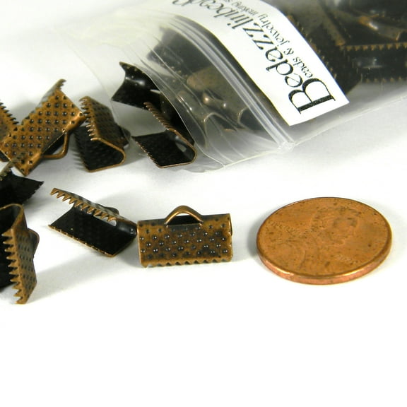 50 Textured Antique Copper Plated Flat Ribbon Crimp Clamp End Jewelry Findings with Teeth and Loop for Clasps