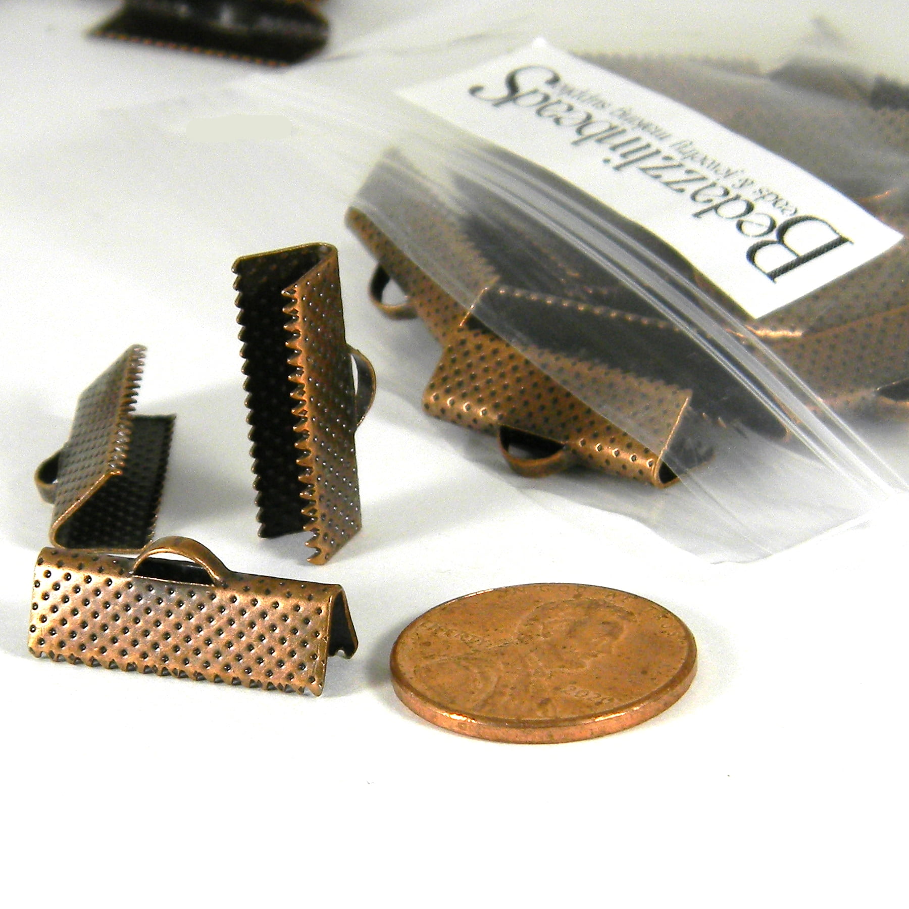50 Pcs Antique Copper Plated Ribbon Crimp Ends - 13mm (1/2 Inch) Long With Teeth & Loop For Jewelry Making