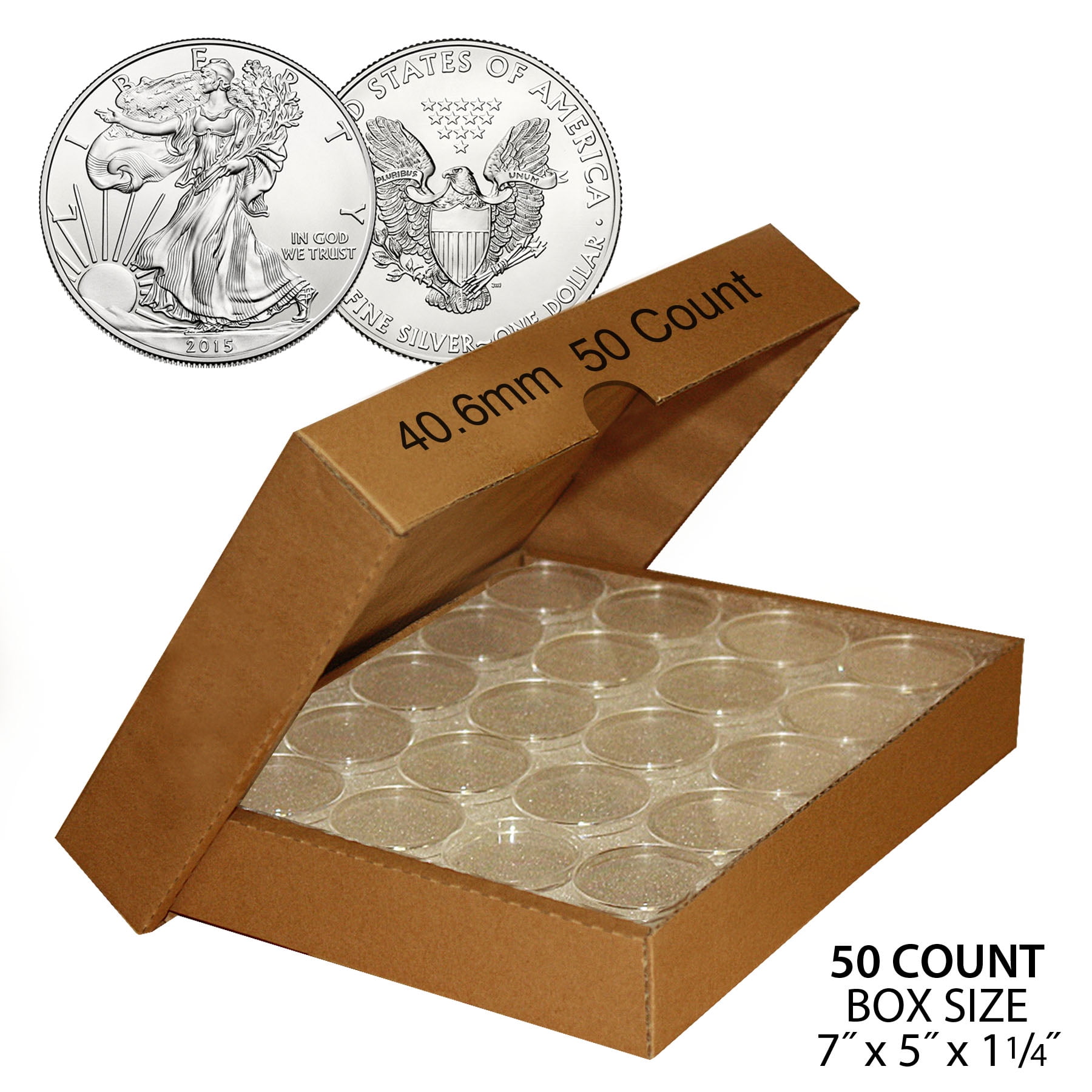 50 US 1oz SILVER EAGLE Direct-Fit Airtight 40.6mm Coin Capsule (QTY: 50) w/ BOX