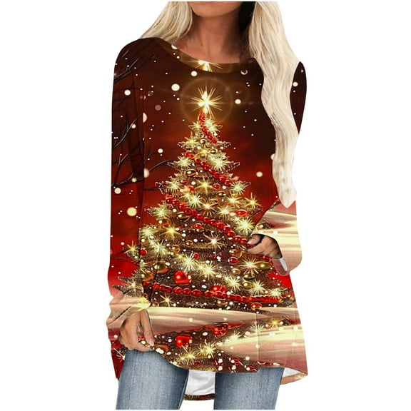 50% off Ugly Christmas Sweater! TMOYZQ Women's Long Sleeve Shirts Christmas Tree Print Fall Winter Pullover Sweatshirts Casual Loose Fit Lightweight Cozy Blouse for Xmas Holiday Parties