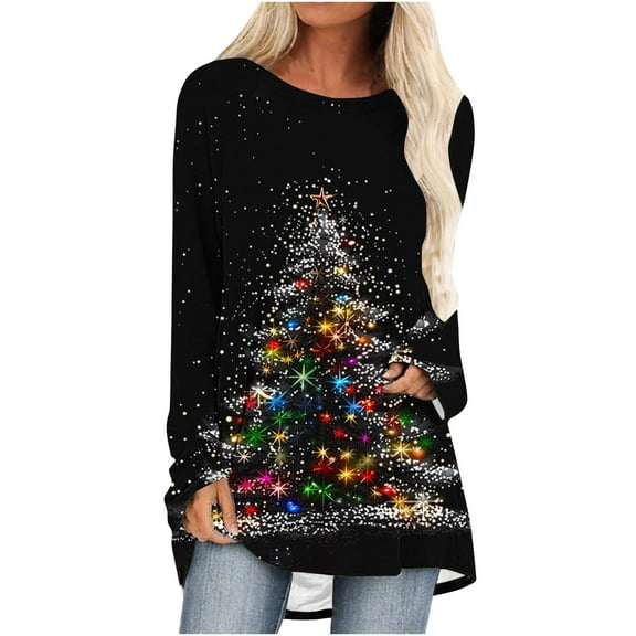 50% off Ugly Christmas Sweater! TMOYZQ Women's Long Sleeve Shirts Christmas Tree Print Fall Winter Pullover Sweatshirts Casual Loose Fit Lightweight Cozy Blouse for Xmas Holiday Parties