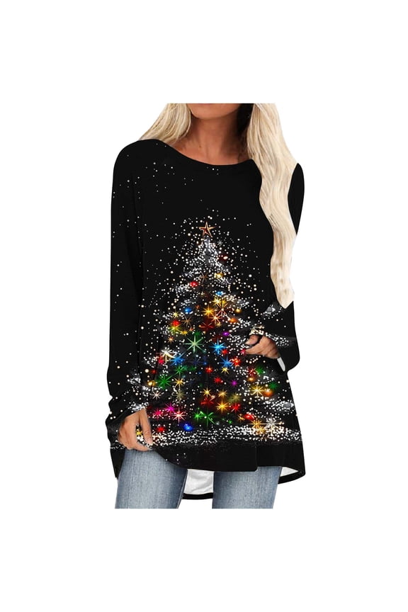 50% off Ugly Christmas Sweater! TMOYZQ Women's Long Sleeve Shirts Christmas Tree Print Fall Winter Pullover Sweatshirts Casual Loose Fit Lightweight Cozy Blouse for Xmas Holiday Parties