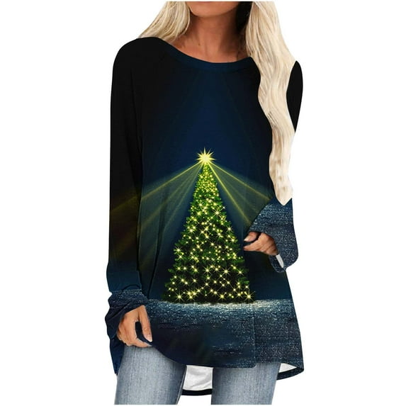 50% off Ugly Christmas Sweater! TMOYZQ Women's Long Sleeve Shirts Christmas Tree Print Fall Winter Pullover Sweatshirts Casual Loose Fit Lightweight Cozy Blouse for Xmas Holiday Parties