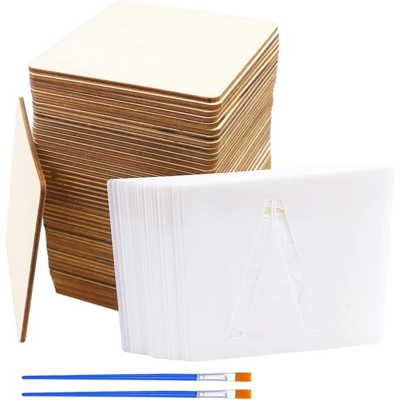50 Unfinished Blank Wood Pieces 4 Inch with 26 Letters Stencils for Wall Decor Home Decoration DIY Craft Projects