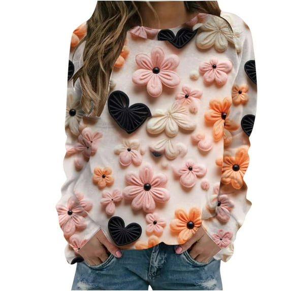 50% Up Clearance, Heart Printed Tops for Women Long Sleeve Fashion 3D Graphic Sweatshirt Casual Valentines Gift Crew Neck Tee Shirt (Small, White 01)