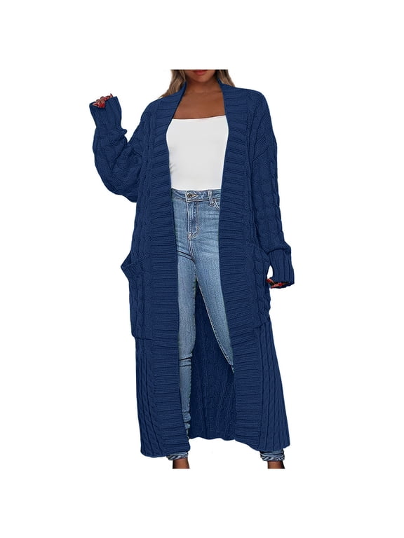 Long Cardigan Sweater Ladies Open Front Long Sleeve Chunky Cable Knit Duster Outerwear Maxi Casual Jacket Coats (Medium, Blue)