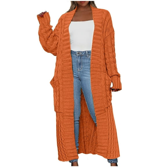 Long Cardigan Sweater Ladies Open Front Long Sleeve Chunky Cable Knit Duster Outerwear Maxi Casual Jacket Coats (Small, Orange)
