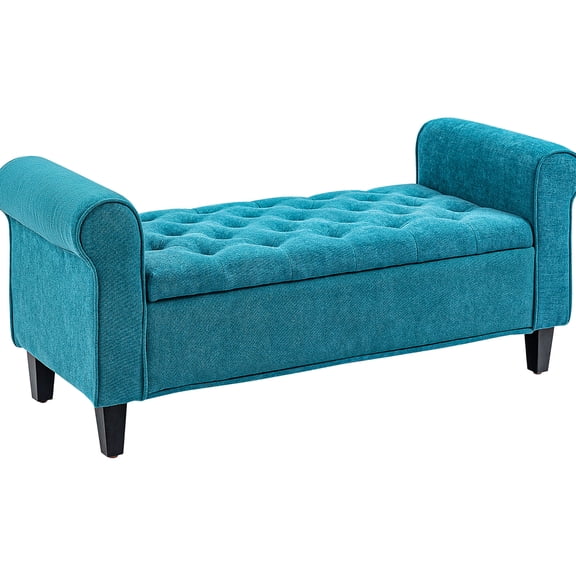 50" Velvet - Like Teal Bench with Wood Legs and Storage Function - Useful for Extra Seating When Friends Visit