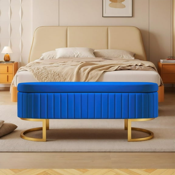 50" Velvet Storage Bench, Ottoman Bench with 300lb Seating, Upholstered Fabric End of Bed Bench with Gold Legs,Flipping Lid Entryway Footrest (Blue)