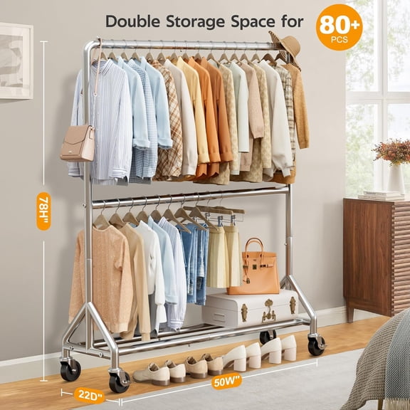 50" W Heavy Duty Clothes Rack for Hanging Clothes, Double Rods Industrial Clothing Rack with Wheels, Sturdy Rolling Garment Rack for Shirts, Coats, Jackets (Silver)
