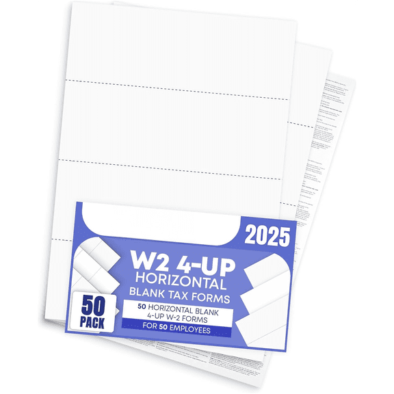 50 W2 Tax Forms, Blank 4-Up Horizontal Forms 2025, 50 Employee Designed for QuickBooks Online and Accounting Software, with Back Instructions,$$Office