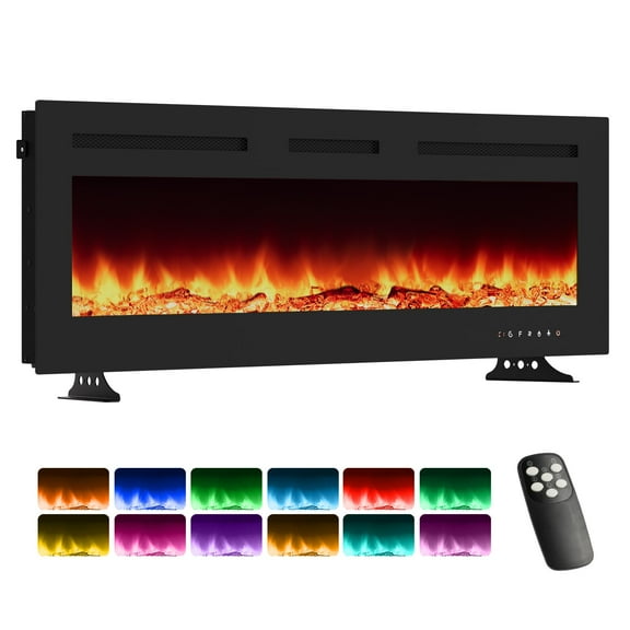 50" Wall-Mounted & Recessed 3D Fireplace – 12-Color LED Flame Stove with 900/1800w Adjustable Heating