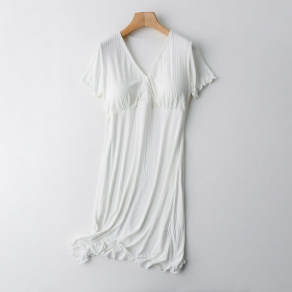 Azrian V-Neck Nursing Nightgown with Built-In Bra - Women's Breastfeeding Solid V-neck Short Sleeve Breastfeeding Postpartum Pregnant Women's Dress Sleepwear With Chest Pad