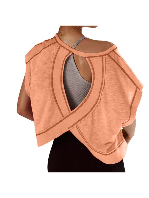 Lulshou Women's Open Back Workout Shirt Short Sleeve Backless Athletic Crop Top,Lightweight Breathable Gym Yoga Running Tee,Stretch Fitness Activewear for Training,Sports or Daily Wear