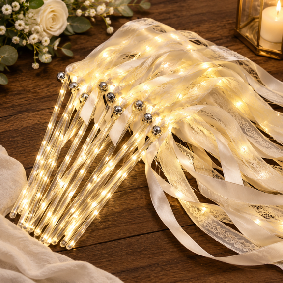 50 Wedding Wands Ribbon Streamers With 3 Colorful Flashing Modes Light Up Led Silk Fairy Glow Lace Stick Bells For Reception Grad