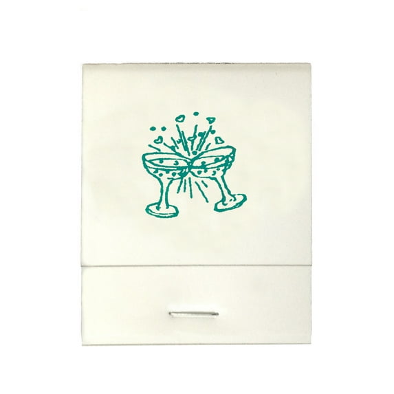 50 White 20 Strike Matches with Printed Champagne Glasses in Teal Matchbooks for Wedding, Anniversary, Birthdays etc