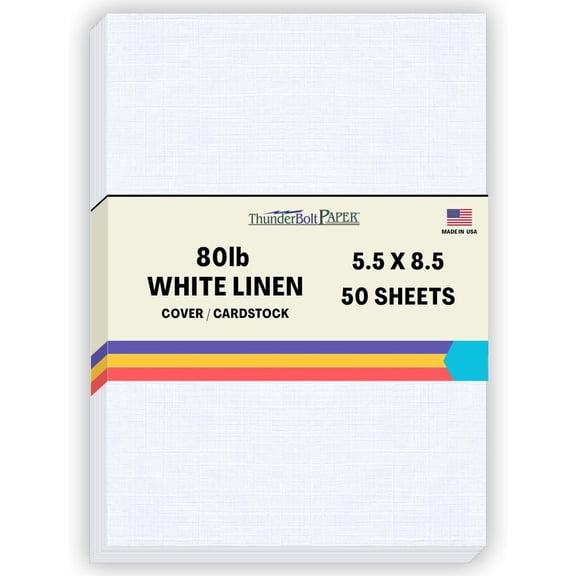 50 White Linen 80# Cover Paper Sheets - 5.5" X 8.5" (5.5X8.5 Inches) Half Letter | Statement Size - 80 lb/pound Card Weight - Fine Linen Textured Finish Cardstock