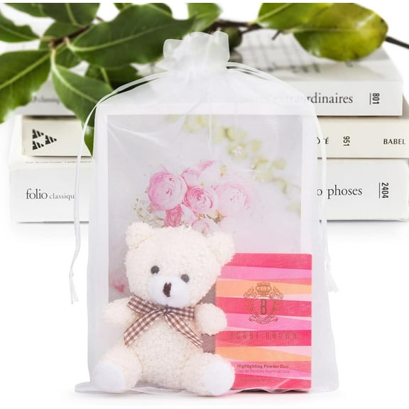 50 White Organza Bags 8x12 inch, Mesh Bags Drawstring, Large Pouches for Candy Wedding Party Favor & Valentines Gifts