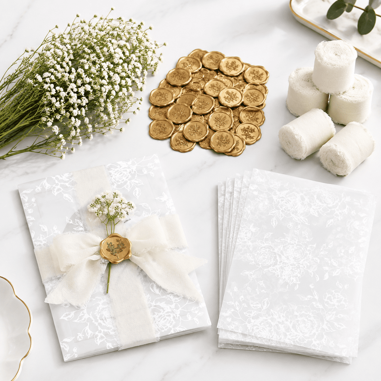 50 White-Rose Pre-Folded Vellum Jackets DIY Wedding Invitation Kit with ...