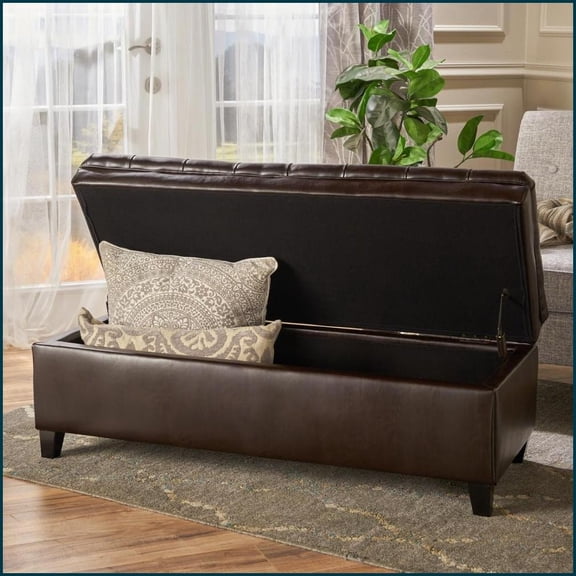 50" Wide Faux Leather Tufted Storage Ottoman Bench with Solid Wood Frame | Brown | PU
