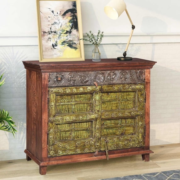 50" Wide Solid Wood Cabinet With 2 Doors | Antique Door Upcycled Cabinet | Handmade Chest | Rustic Farmhouse Distressed Green Small Buffet