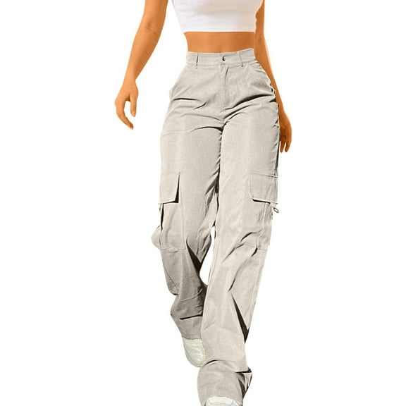 Clothing 2025 Women's Casual Pants Womens Daily Elastic Waist Pockets Straight Solid Color Casual Pants Loose Pockets Cargo Long Trousers Women's Blended Casual Pants