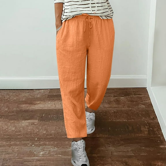 Xunlbb Linen Pants for Women Women'S Spring Solid Color Lace-Up With Cotton And Linen All Straight Leg Casual Pants Gift for Women ,Orange 5XL