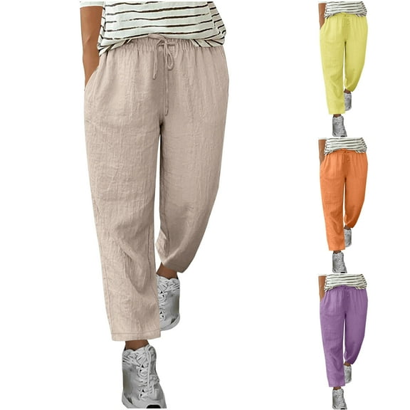 Womens Pants Plus Size Women'S Spring Solid Color Lace-Up With Cotton And Linen All Straight Leg Casual Pants Gift for Her, S-5XL