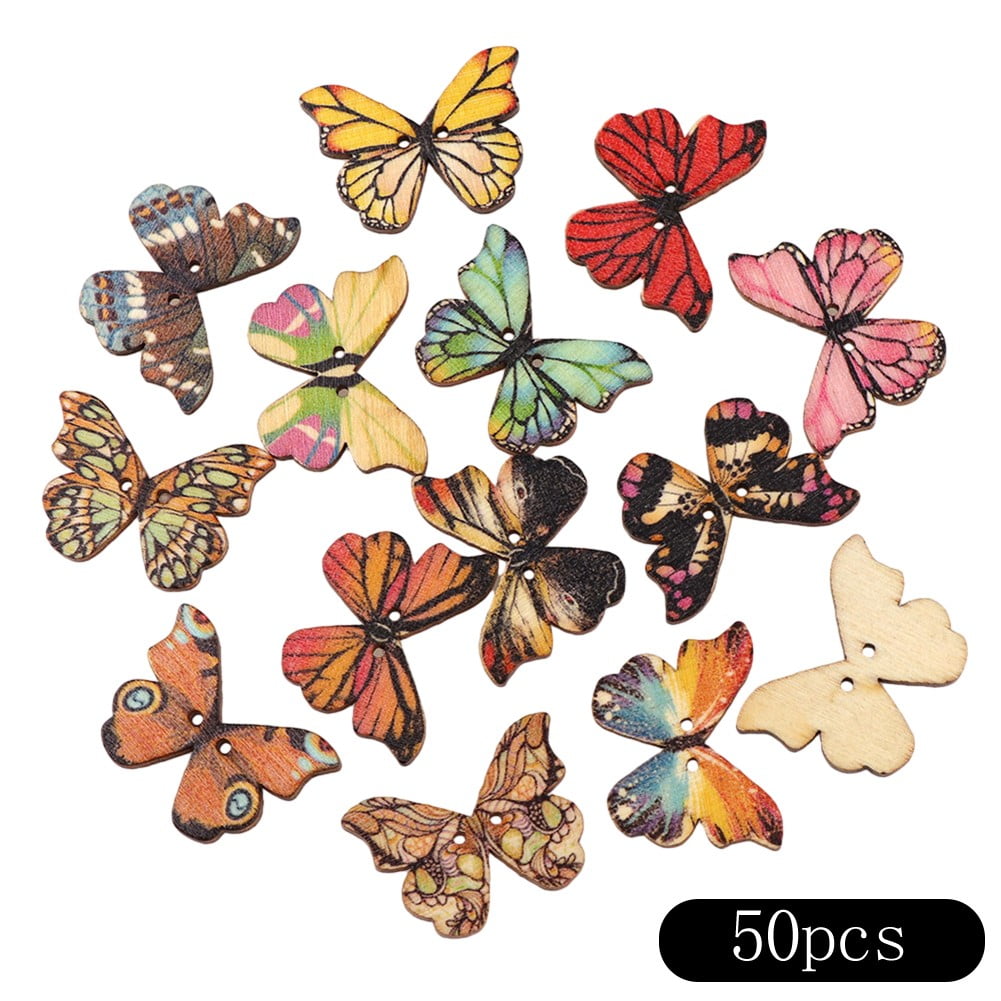 50 Wooden Fall Butterfly Buttons, Beautiful Colorful, Two Hole, Sewing ...