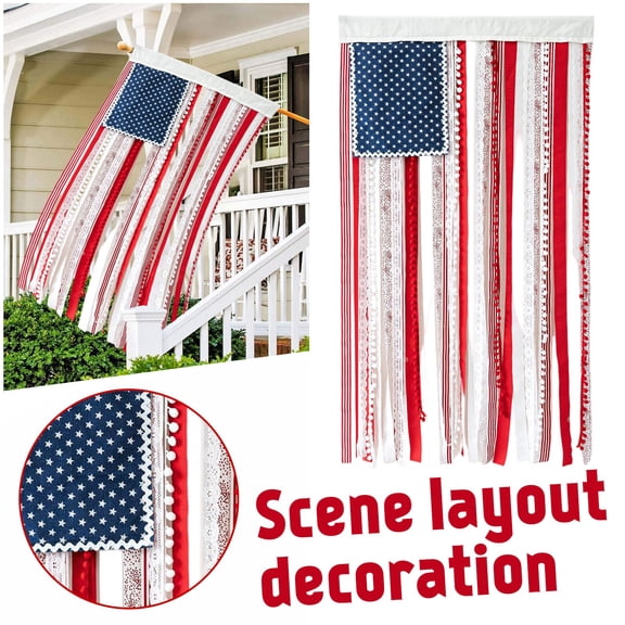 50 X 27 Inches, Handmade Rag Star Striped American Flag Banner Wall Hanging, Rustic Patriotic Front Door Decoration For American Independence Day For Family For Home