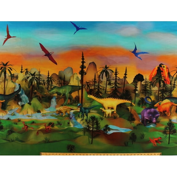50" X 44" Panel Dinosaurs Dinos Volcanoes Nature Kids Jurassic Multicolor Cotton Fabric Panel (4763-513)