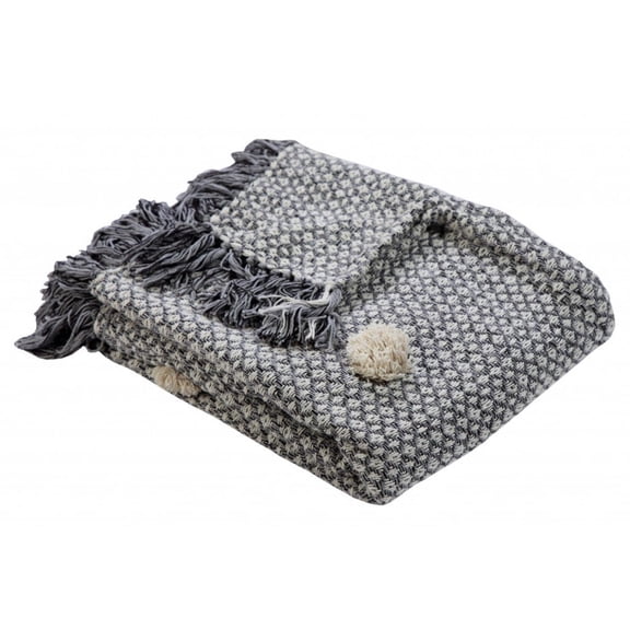 50" X 60" Gray Woven Cotton Houndstooth Throw Blanket with Pom Poms