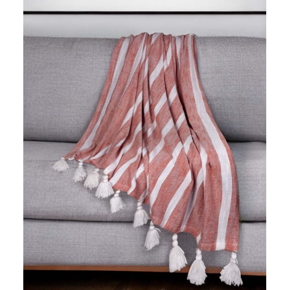 50" X 60" Rust Woven Cotton Striped Throw Blanket with Tassels