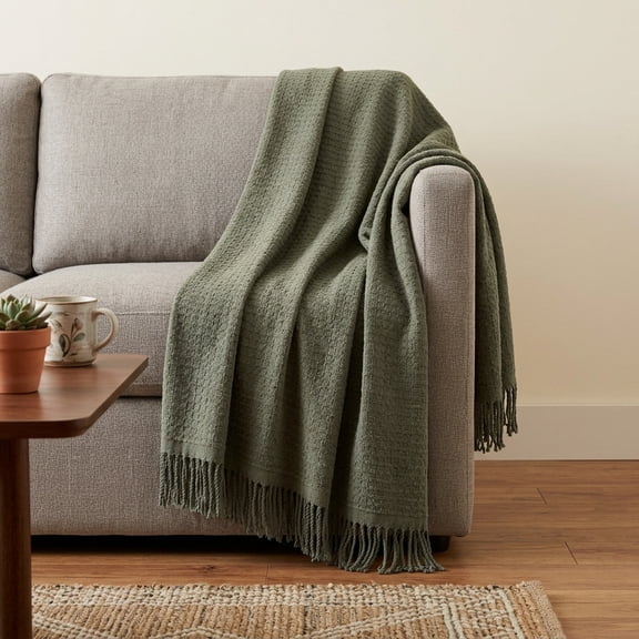50" X 67" Olive Green Cotton Blend Throw Blanket with Fringe