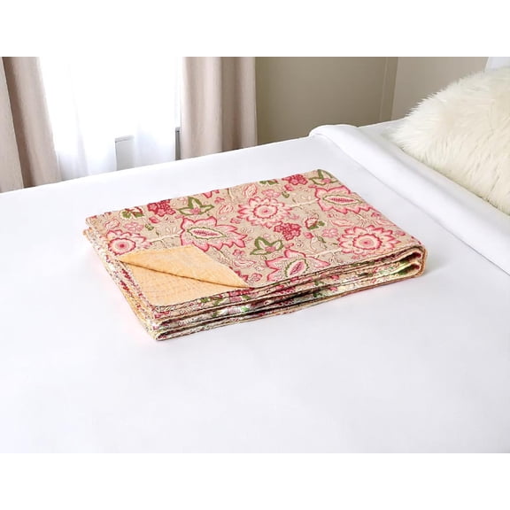 50" X 70" Beige And Pink Floral Cotton Quilted Kantha Throw Blanket with Embroidery
