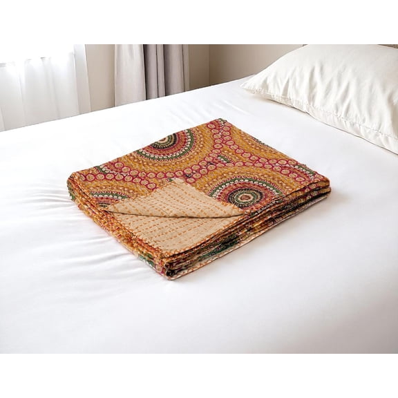 50" X 70" Brown And Beige Abstract Cotton Quilted Kantha Throw Blanket with Embroidery